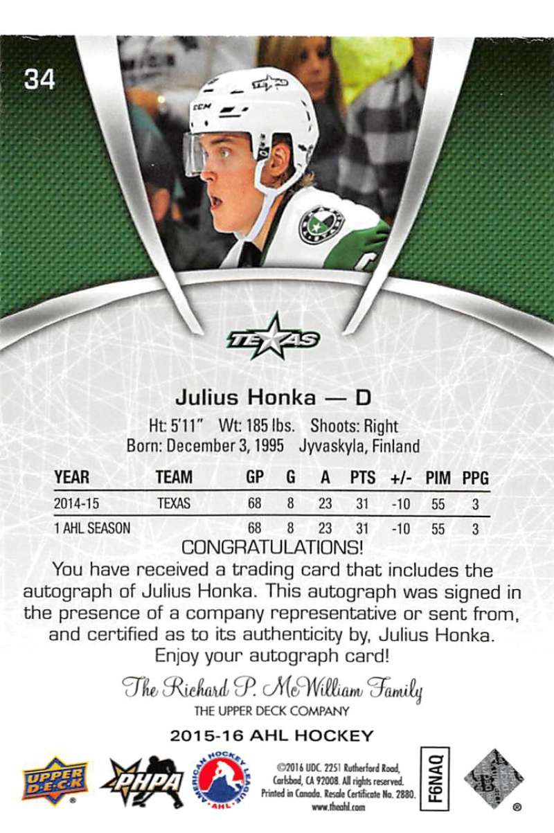 2015-16 Upper Deck AHL Autographs #34 Julius Honka MINT Auto Texas Stars 07657