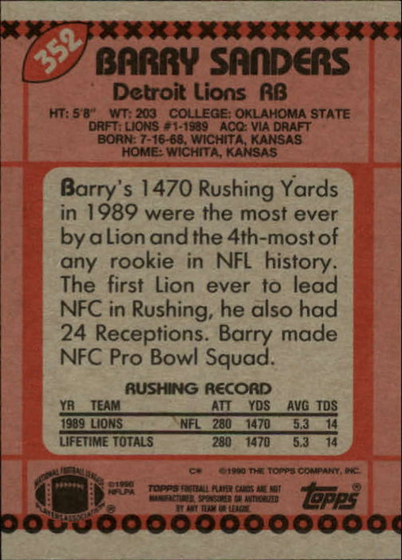 1990 Topps Football #352 Barry Sanders AP Detroit Lions Image 2