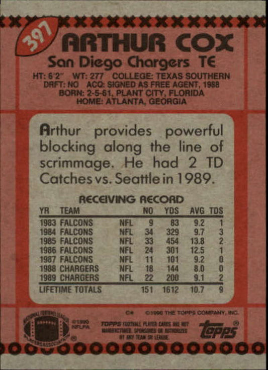 1990 Topps Football #397 Arthur Cox  San Diego Chargers  Image 2
