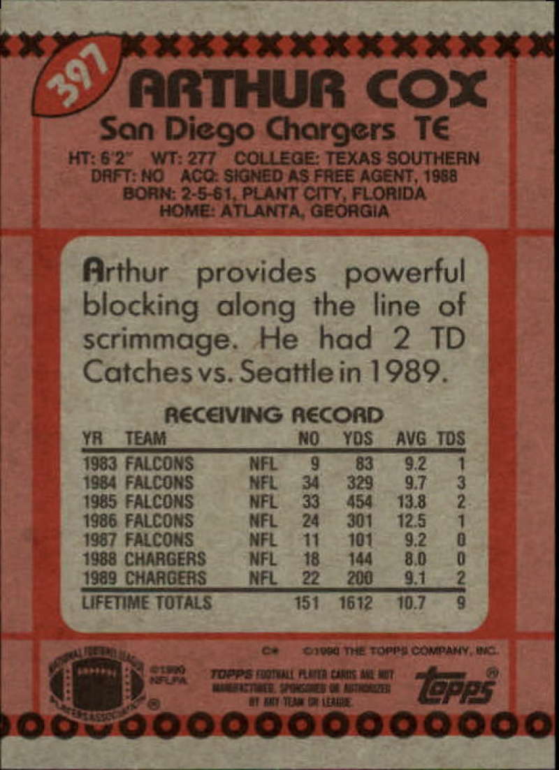 1990 Topps Football #397 Arthur Cox  San Diego Chargers  Image 2