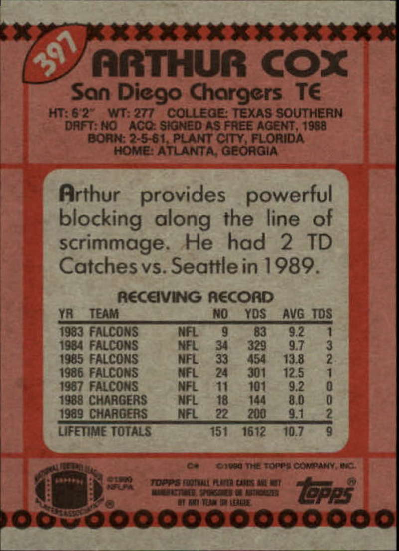 1990 Topps Football #397 Arthur Cox San Diego Chargers Image 2