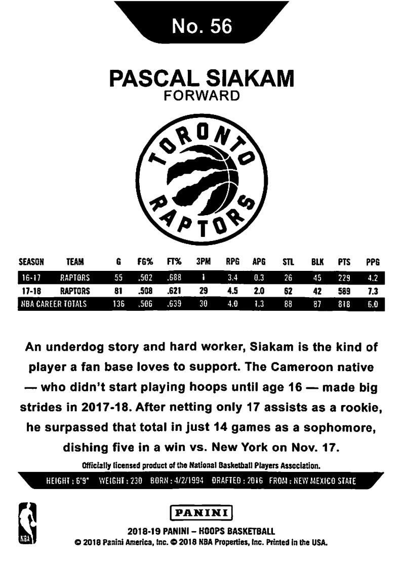 2018-19 Panini Hoops #56 Pascal Siakam Toronto Raptors V89688 Image 2