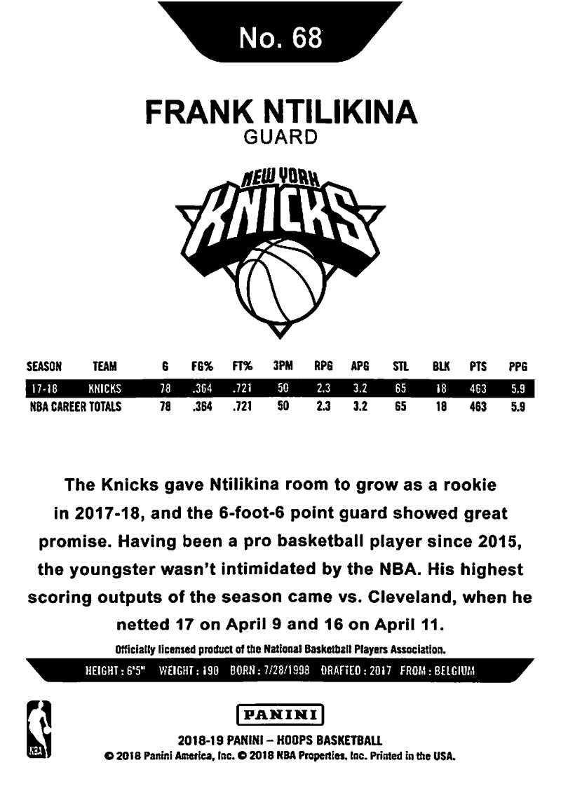 2018-19 Panini Hoops #68 Frank Ntilikina New York Knicks V89697 Image 2