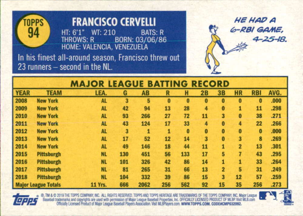 2019 Topps Heritage Baseball #94 Francisco Cervelli Pittsburgh Pirates V92463 Image 2