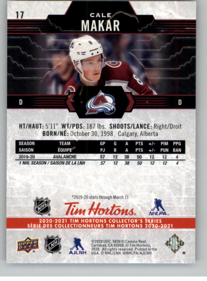2020-21 Upper Deck Tim Hortons #17 Cale Makar Colorado Avalanche Image 2