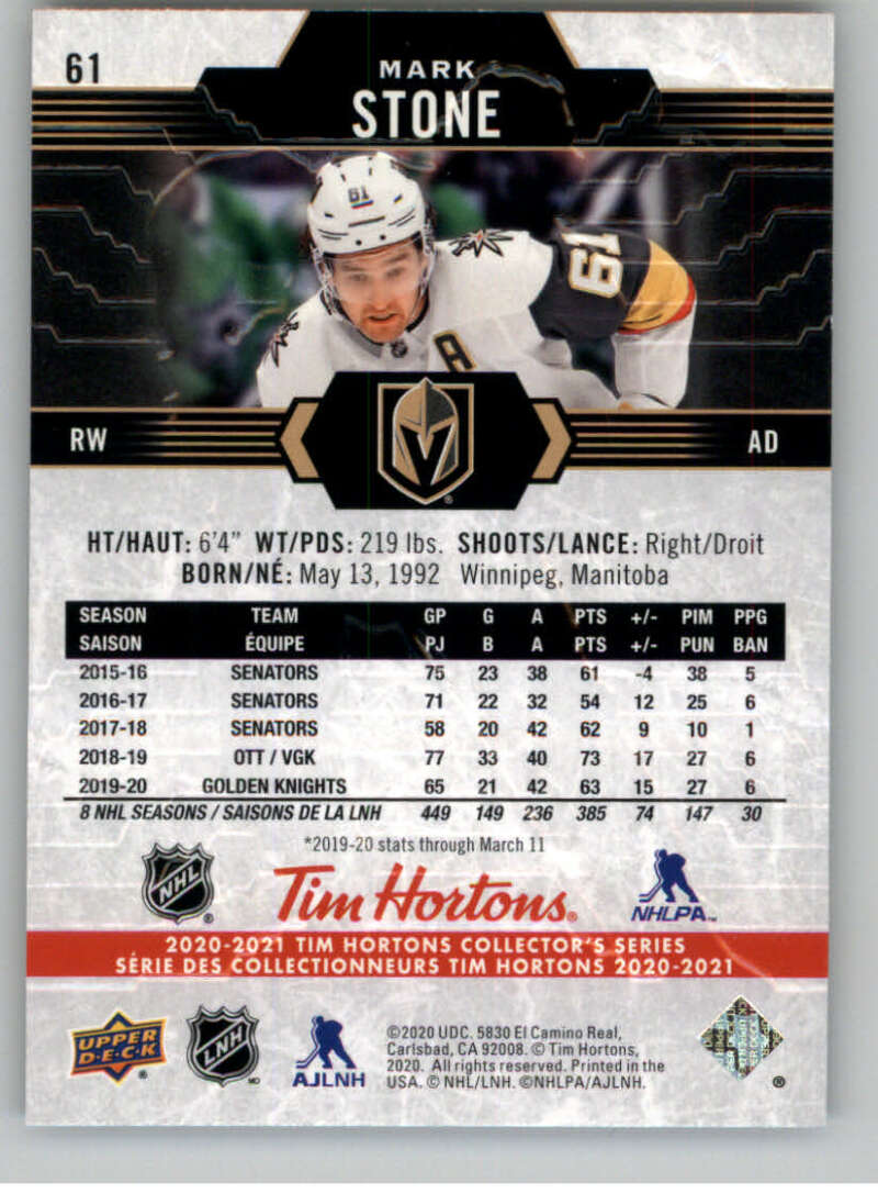 2020-21 Upper Deck Tim Hortons #61 Mark Stone Vegas Golden Knights Image 2