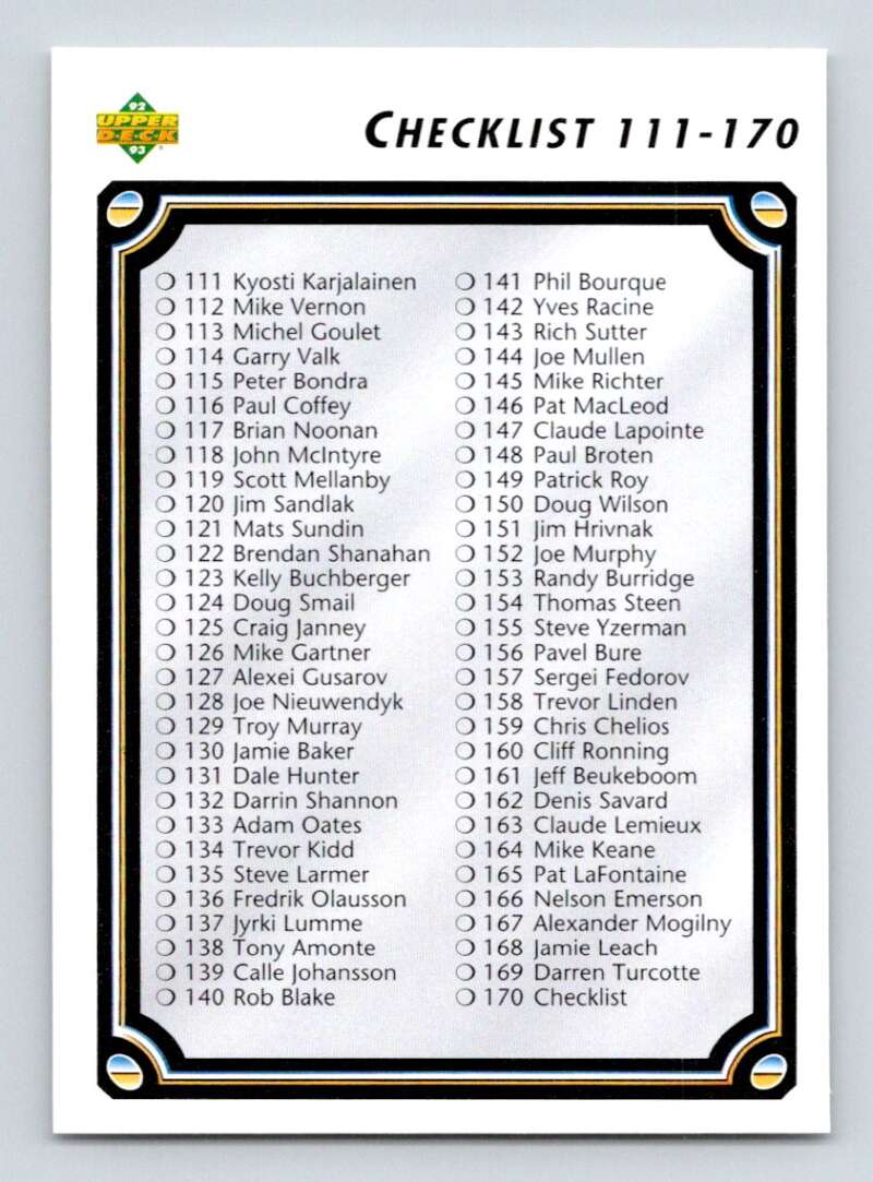 1992-93 Upper Deck Hockey #170 Checklist 111-220 Image 1