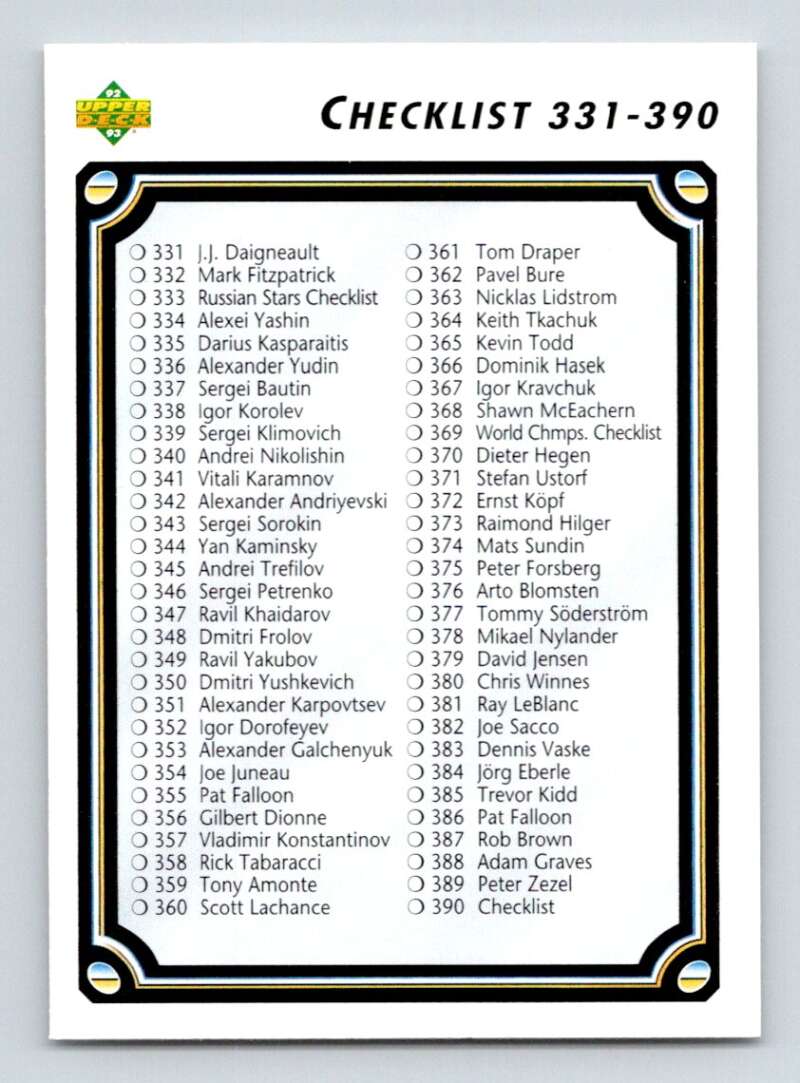 1992-93 Upper Deck Hockey #390 Checklist 391-440 Image 1