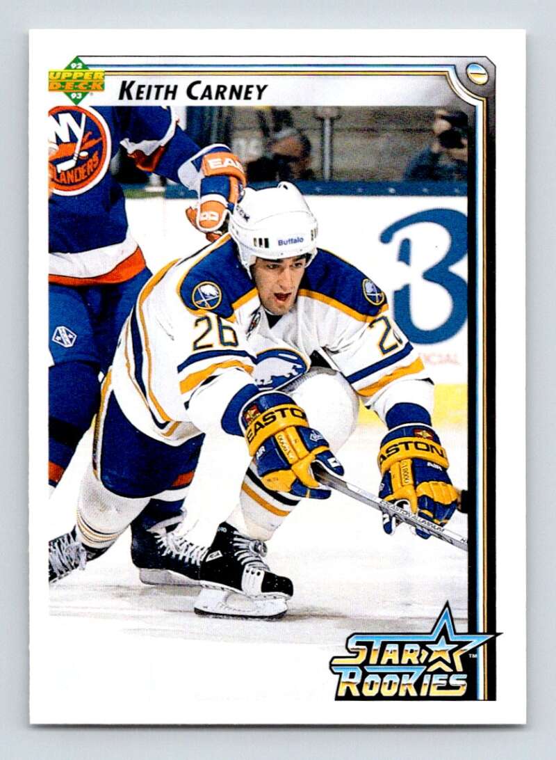 1992-93 Upper Deck Hockey #402 Keith Carney SR RC Rookie Buffalo Sabres Image 1