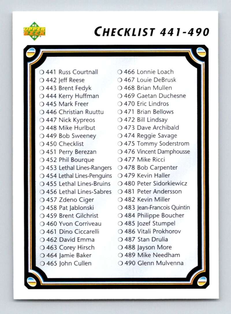 1992-93 Upper Deck Hockey #450 Checklist 491-540 Image 1