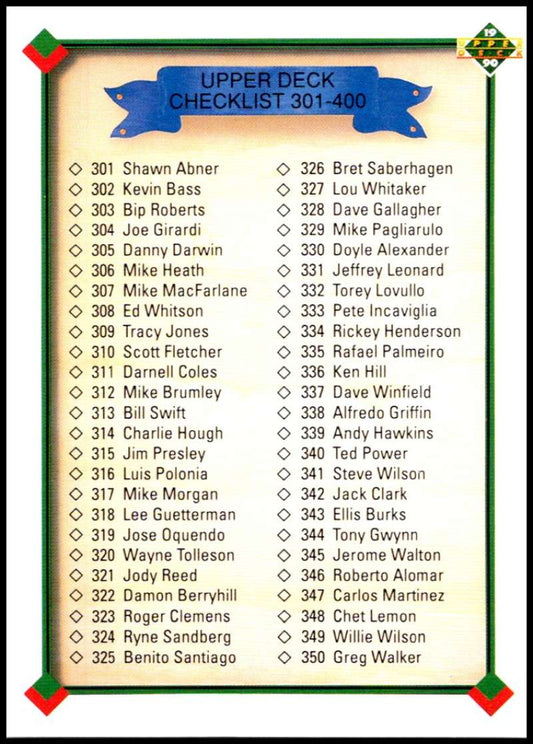 1990 Upper Deck Baseball #400 Checklist 301-400  Various  Image 1