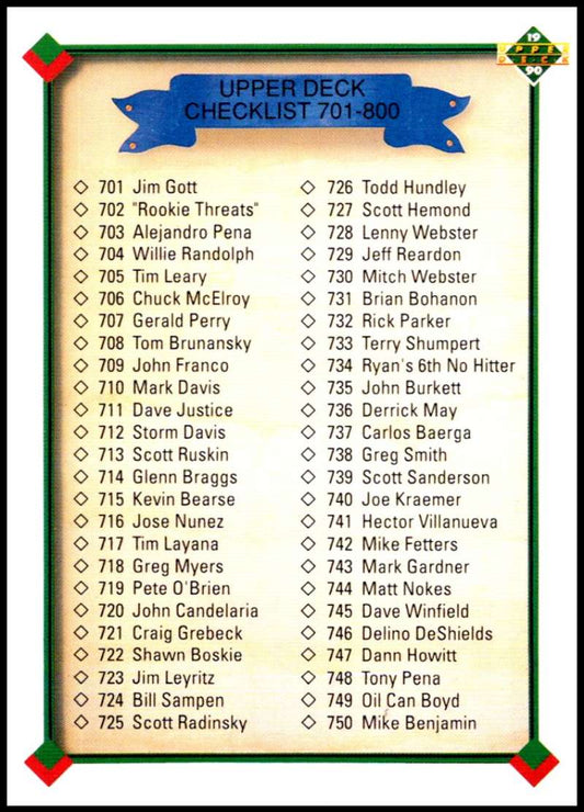1990 Upper Deck Baseball #800 Checklist 701-800  Various  Image 1