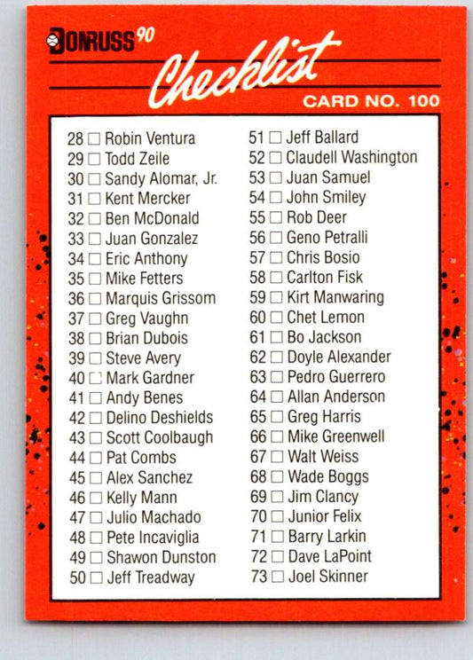 1990 Donruss Baseball  #100 Checklist 28-129  Various  Image 1