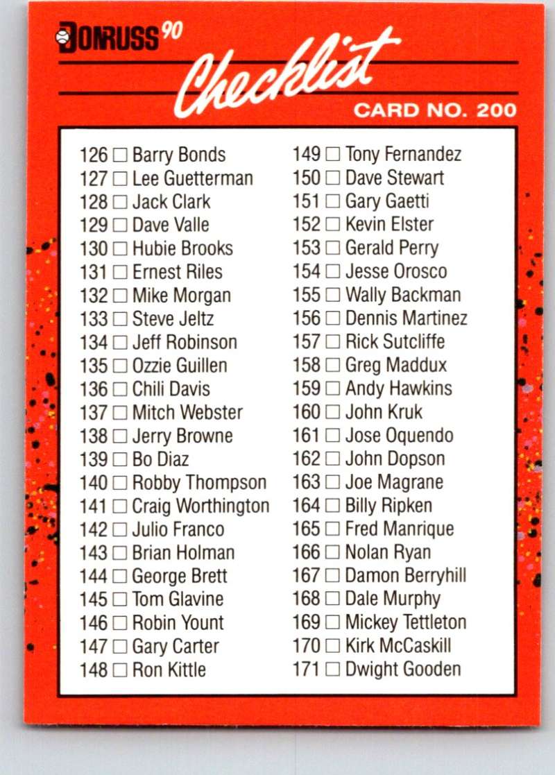 1990 Donruss Baseball #200 Checklist 130-231 Various Image 1