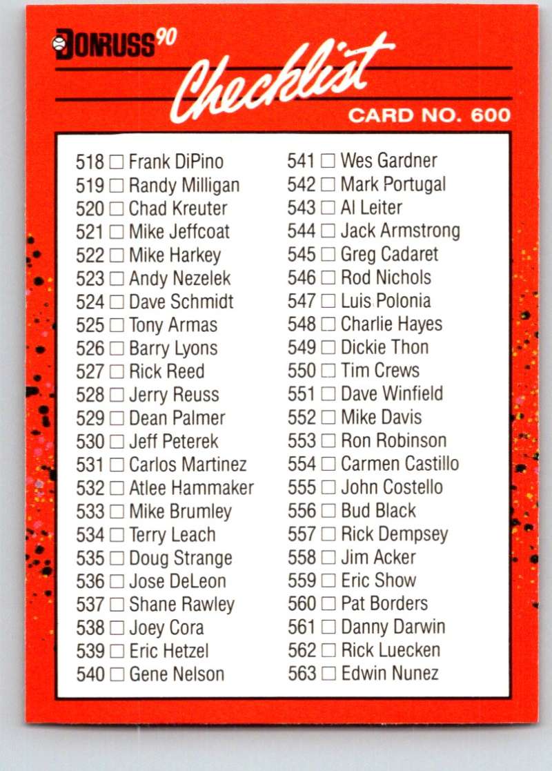 1990 Donruss Baseball #600 Checklist 538-639 Various Image 1