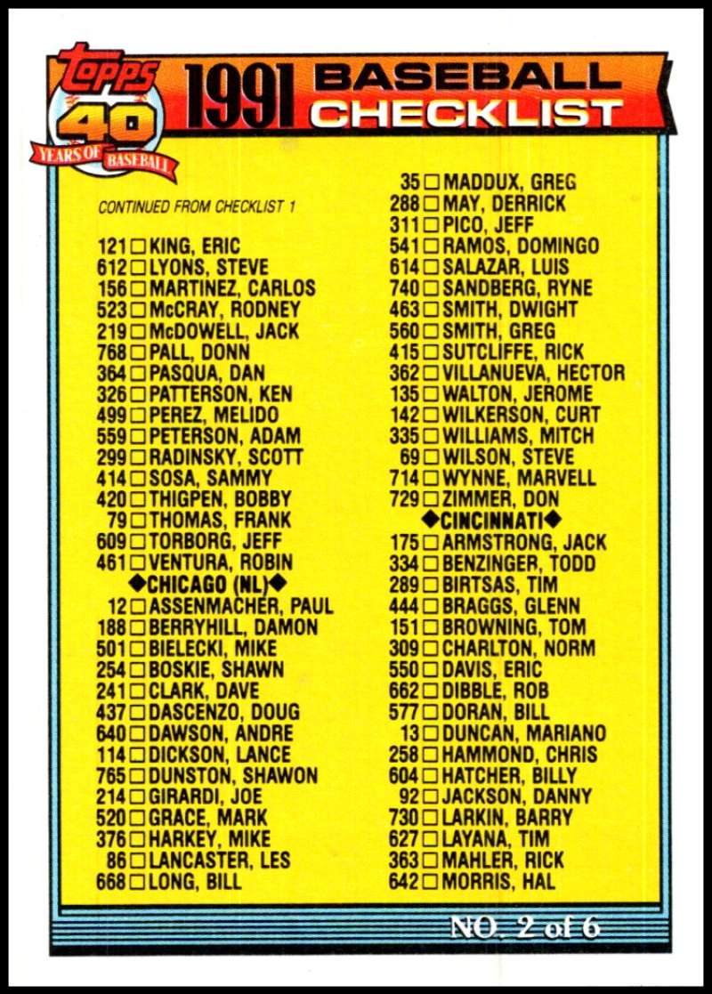 1991 Topps #263 Checklist #2 Baseball Checklist Image 1