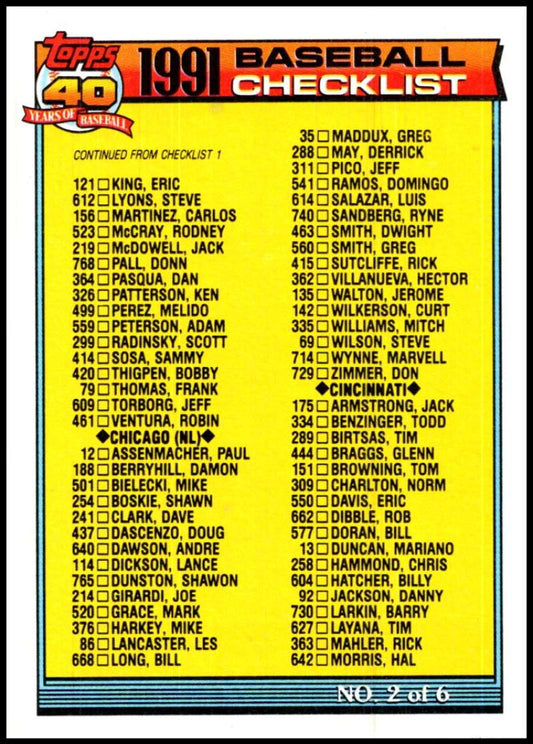 1991 Topps #263 Checklist #2 Baseball Checklist  Image 1