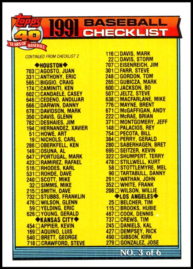 1991 Topps #366 Checklist #3 ERR Baseball Checklist Image 1