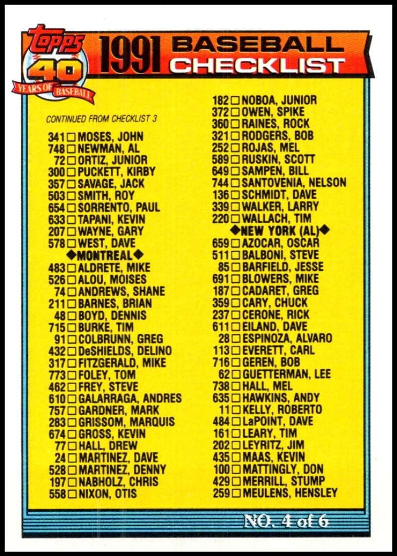 1991 Topps #527 Checklist #4 ERR Baseball Checklist Image 1