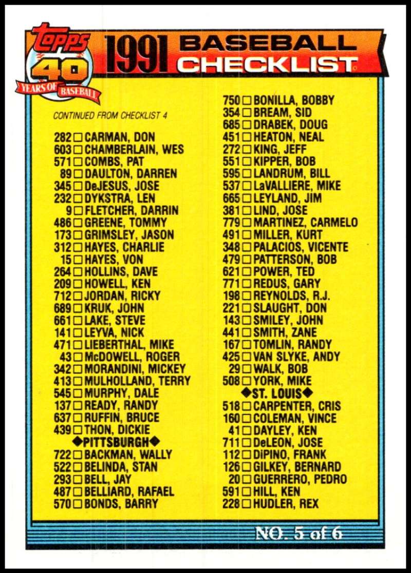 1991 Topps #656 Checklist #5 ERR Baseball Checklist Image 1