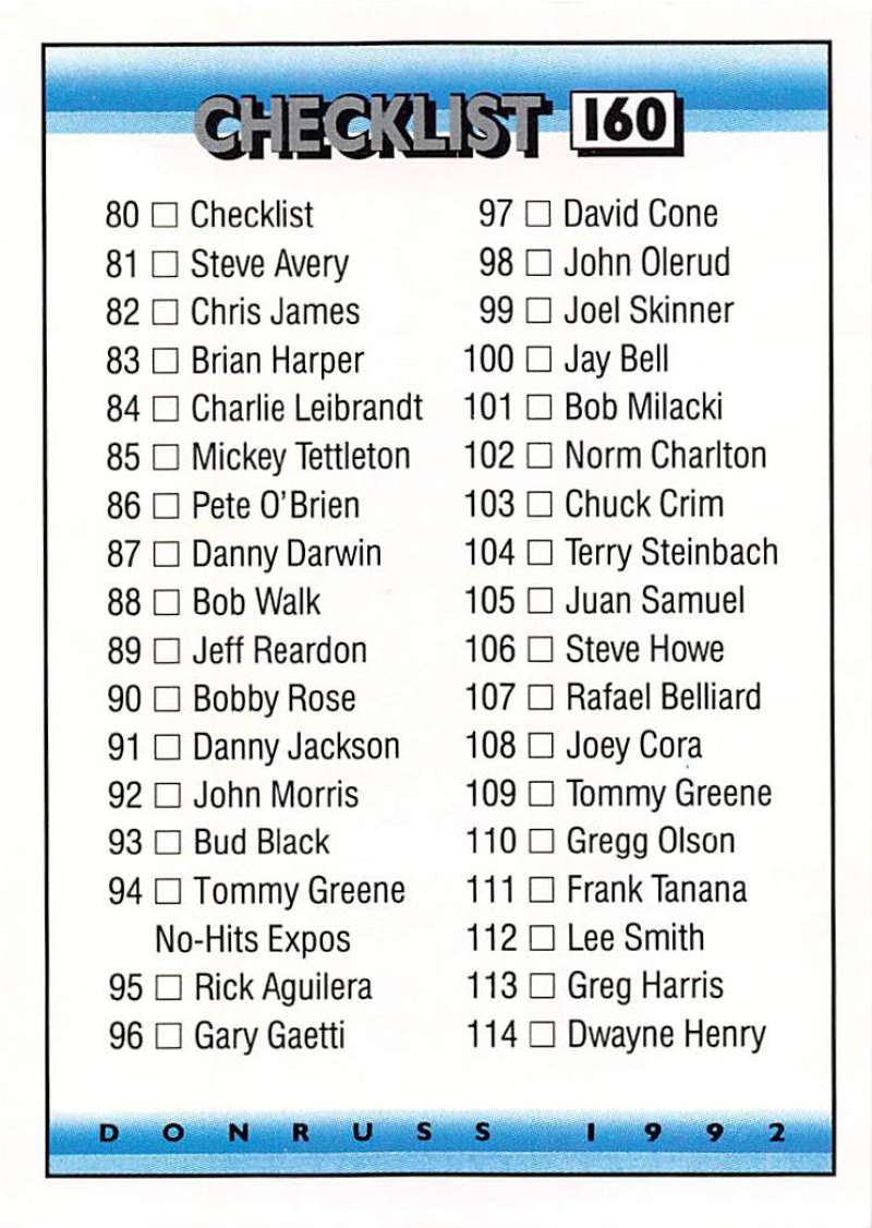 1992 Donruss Baseball #160 Checklist 80-157 Checklist Image 1