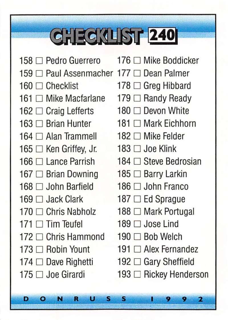 1992 Donruss Baseball #240 Checklist 158-237 Checklist Image 1