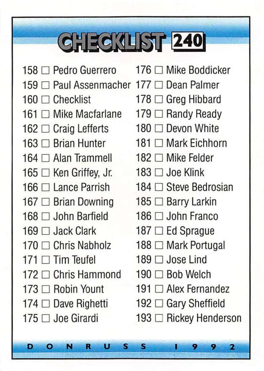 1992 Donruss Baseball #240 Checklist 158-237  Checklist  Image 1