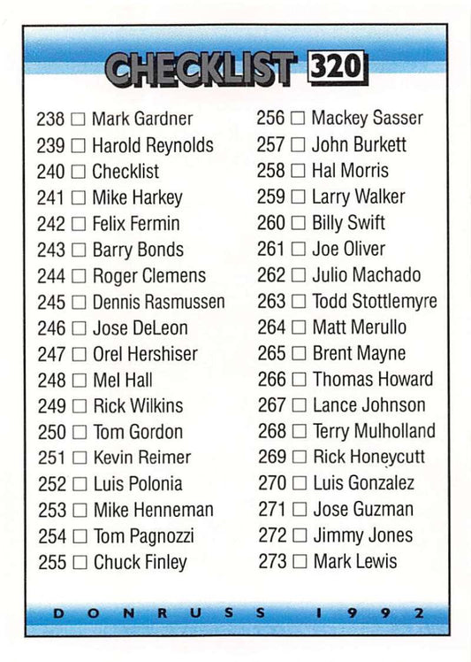 1992 Donruss Baseball #320 Checklist 238-316  Checklist  Image 1