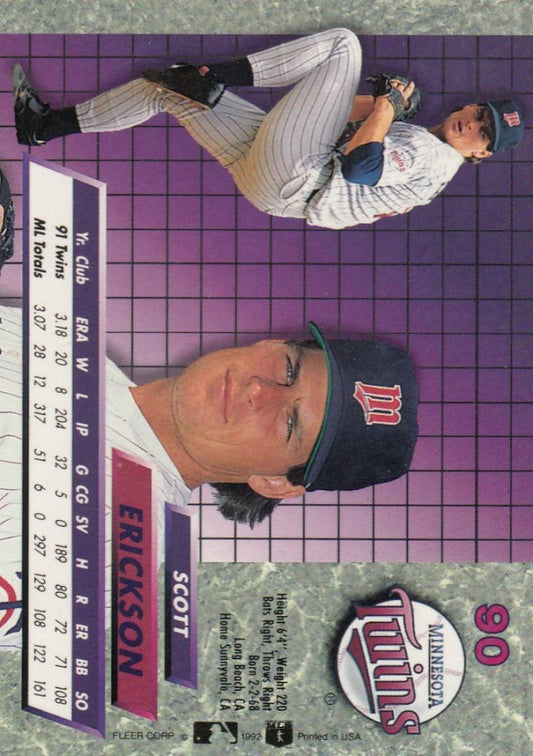 1992 Fleer Ultra Baseball #90 Scott Erickson  Minnesota Twins  Image 1