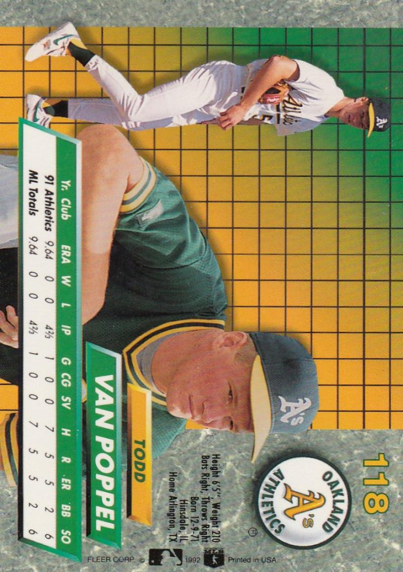 1992 Fleer Ultra Baseball #118 Todd Van Poppel Oakland Athletics Image 1