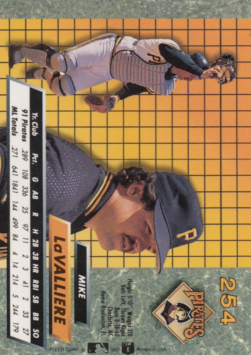 1992 Fleer Ultra Baseball #254 Mike LaValliere Pittsburgh Pirates Image 1