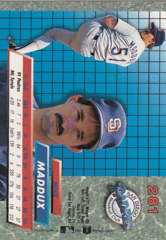 1992 Fleer Ultra Baseball #281 Mike Maddux  San Diego Padres  Image 1