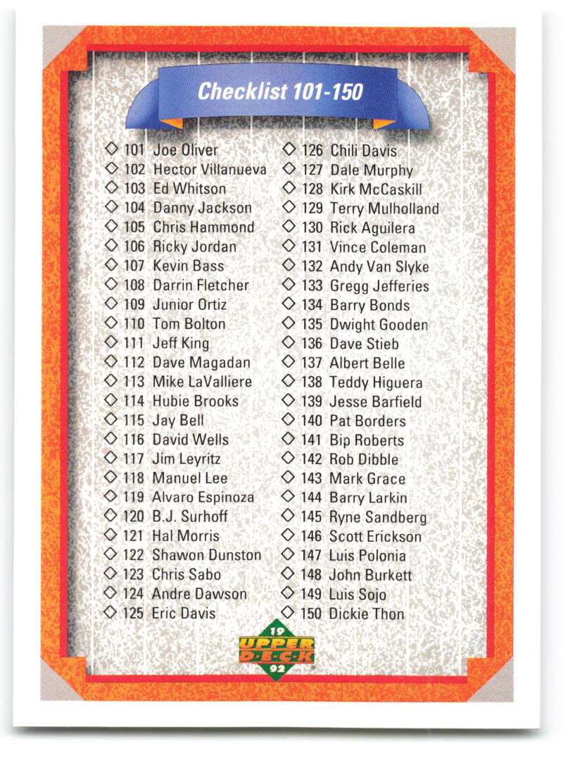 1992 Upper Deck #200 Checklist 101-200 Checklist Image 1
