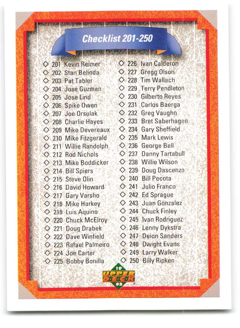 1992 Upper Deck #300 Checklist 201-300 Checklist Image 1