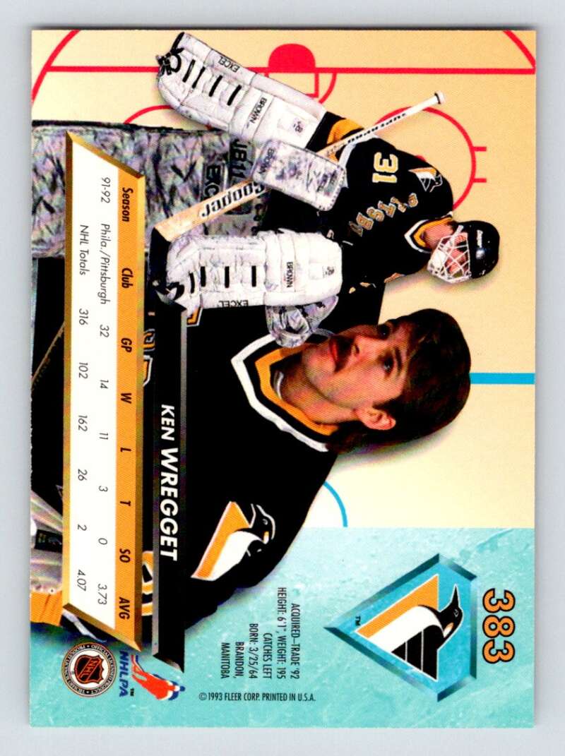 1992-93 Fleer Ultra #383 Ken Wregget Pittsburgh Penguins Image 1