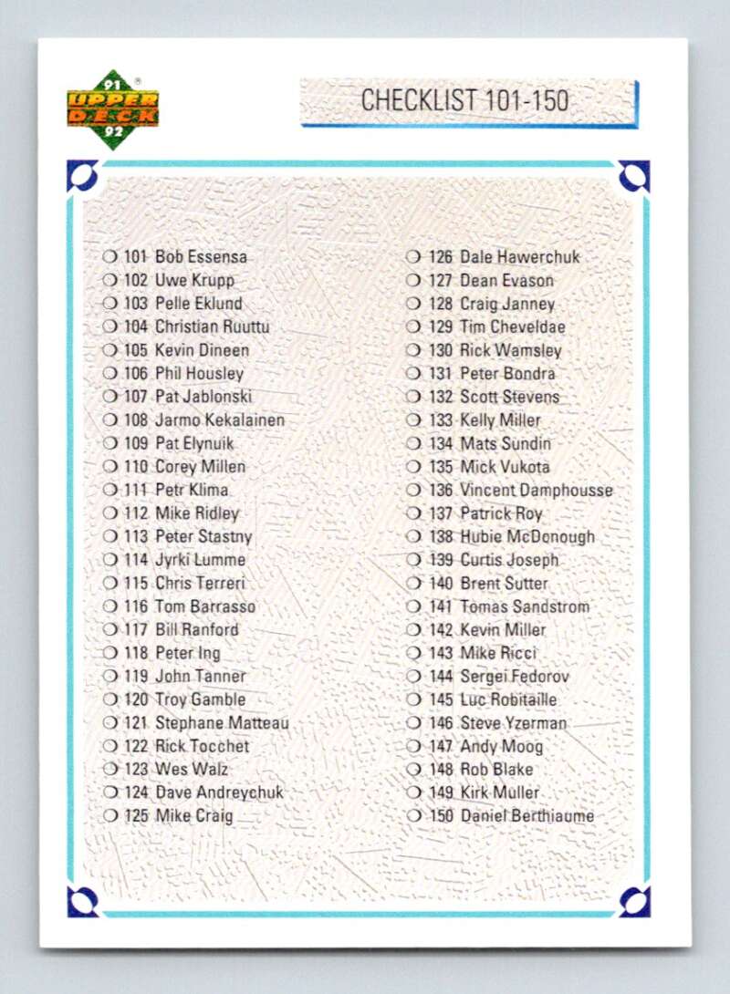 1991-92 Upper Deck #200 Checklist 101-200 Image 1