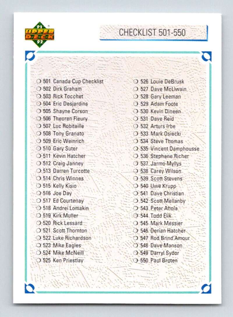 1991-92 Upper Deck #600 Checklist 501-600 Image 1