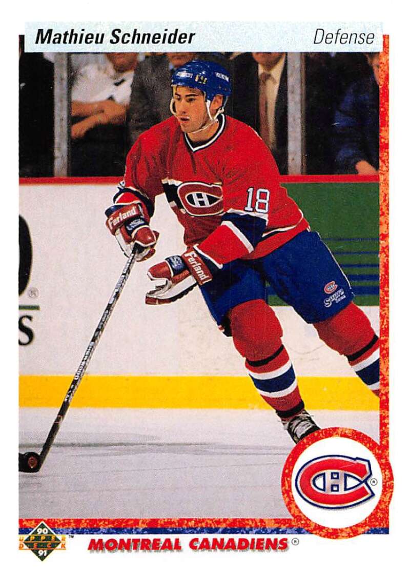 1990-91 Upper Deck Hockey #334 Mathieu Schneider RC Rookie Montreal Canadiens Image 1
