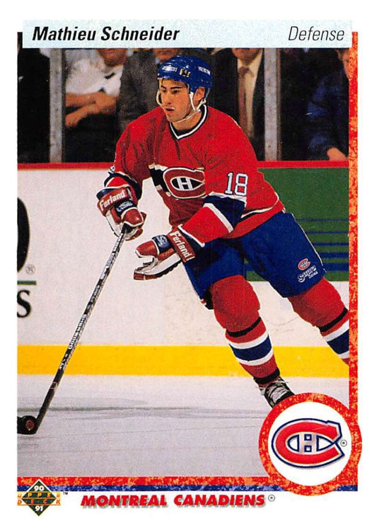 1990-91 Upper Deck Hockey  #334 Mathieu Schneider  RC Rookie Montreal Canadiens  Image 1
