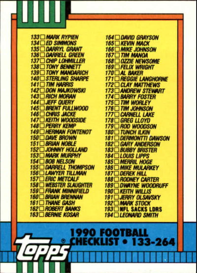 1990 Topps Football #498 Checklist 133-264 Image 1