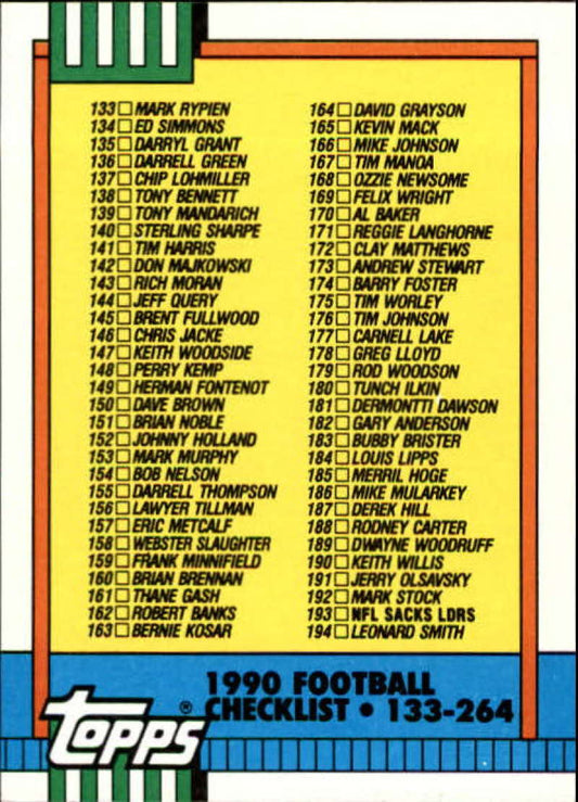 1990 Topps Football #498 Checklist 133-264   Image 1