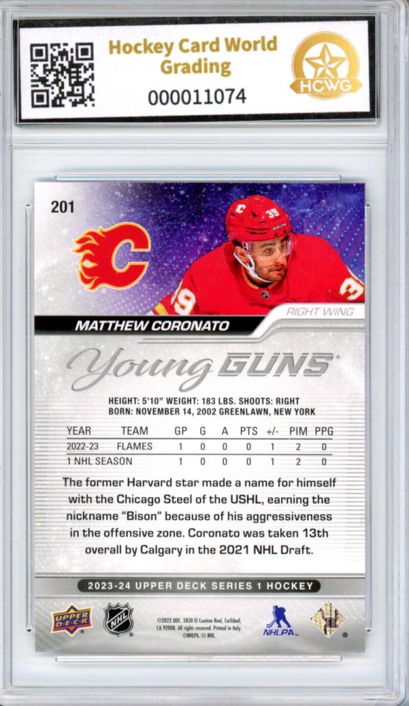 2023-24 Upper Deck #201 Matthew Coronato Young Guns YG Graded Mint HCWG 9 Image 2