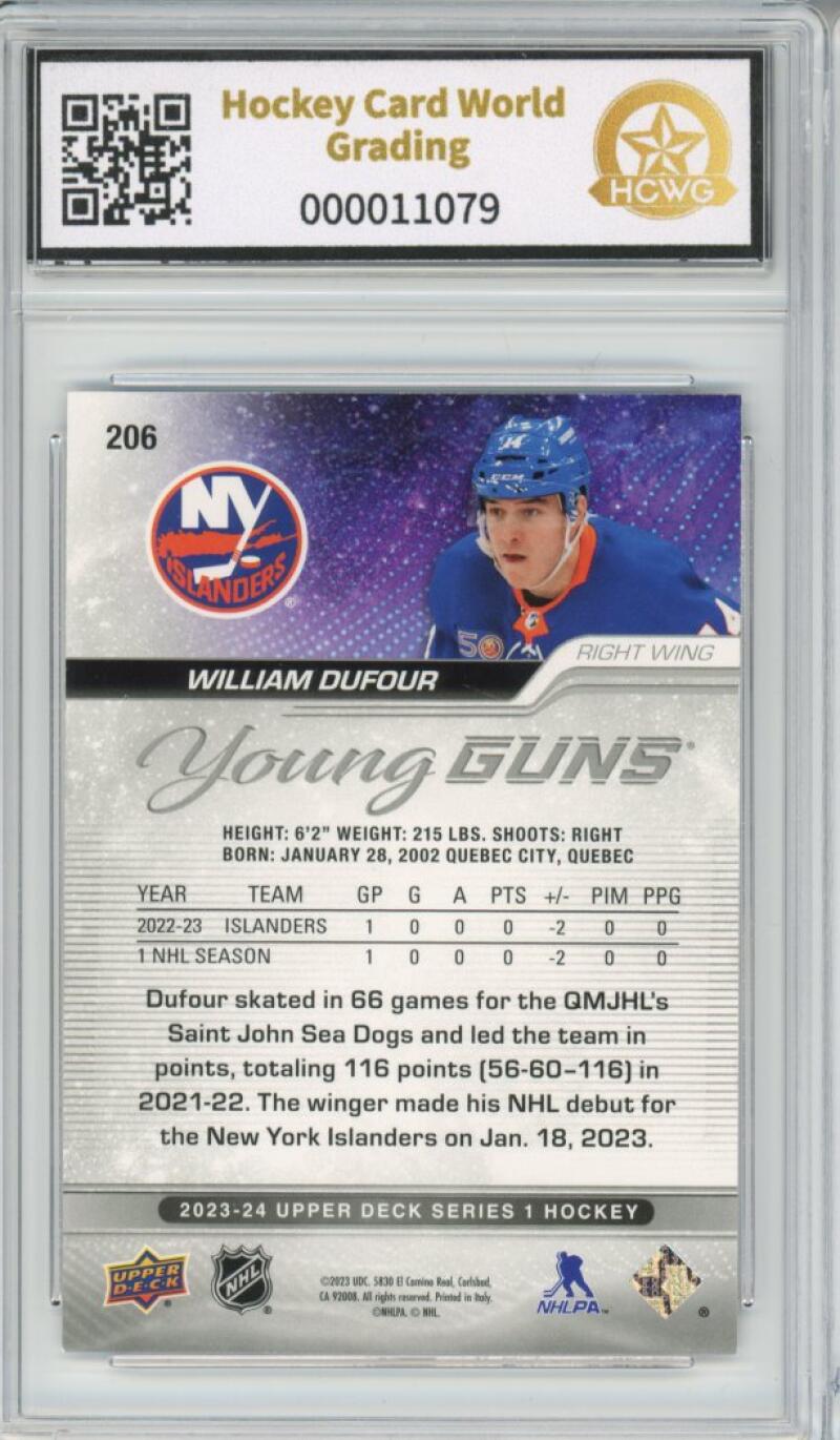2023-24 Upper Deck #206 William Dufour Young Guns YG Graded Mint HCWG 8 Image 2