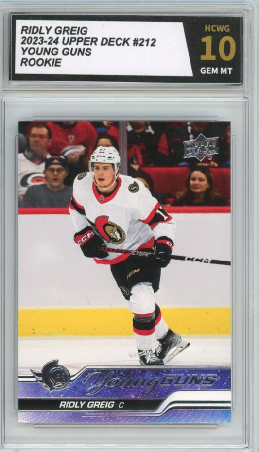 2023-24 Upper Deck #212 Ridly Greig Young Guns YG Graded Mint HCWG 10 Image 1