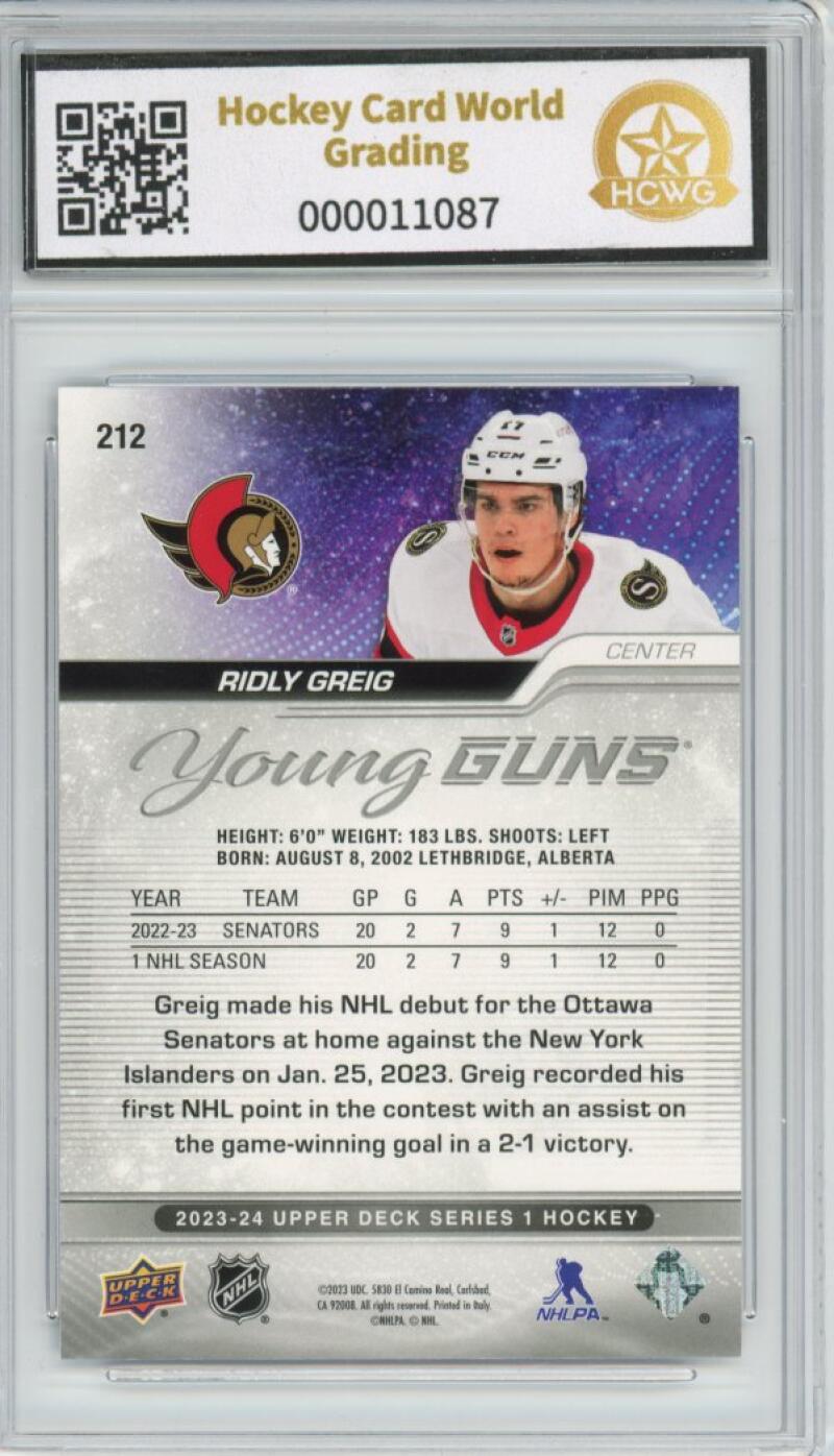 2023-24 Upper Deck #212 Ridly Greig Young Guns YG Graded Mint HCWG 10 Image 2