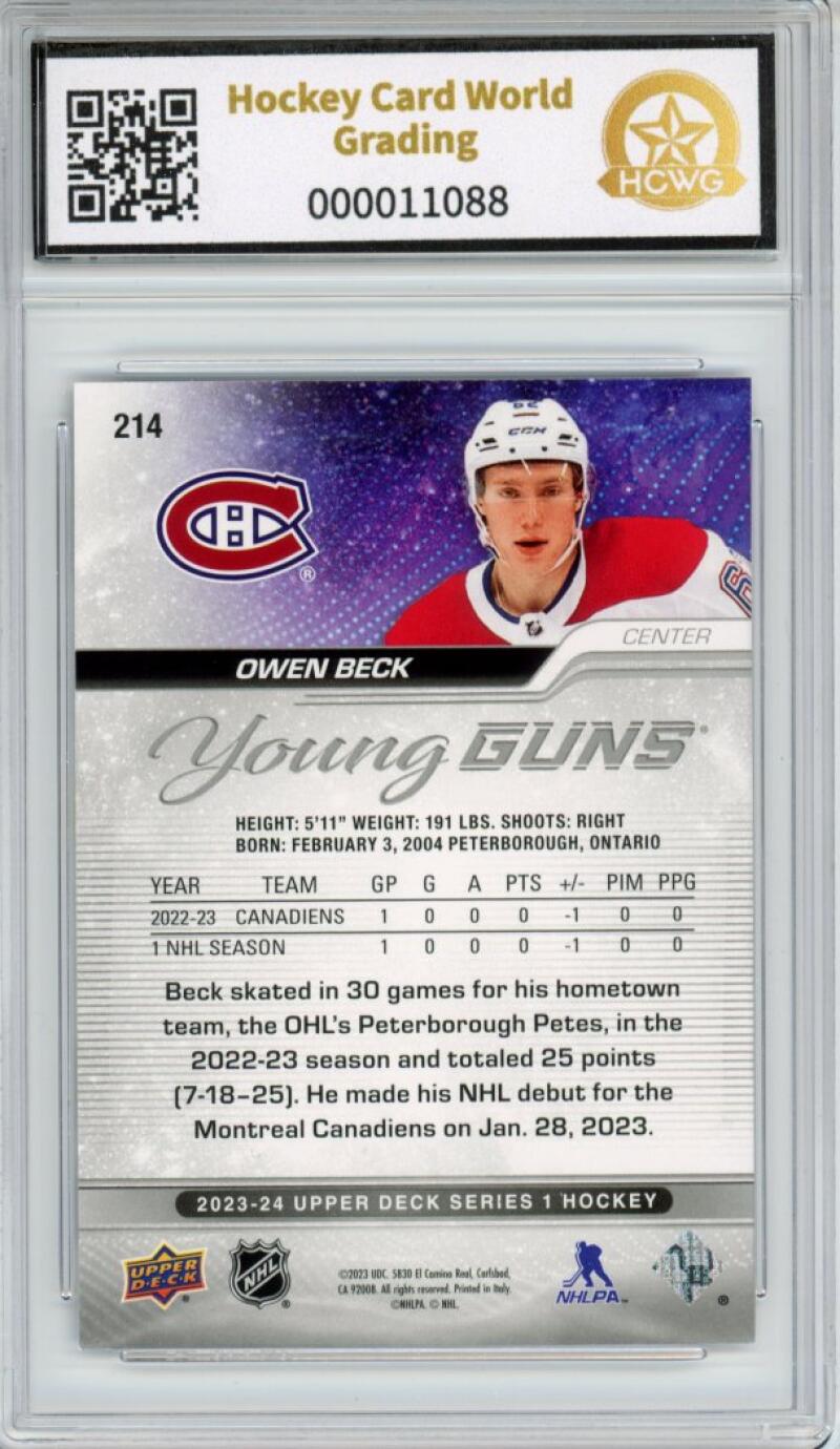 2023-24 Upper Deck #214 Owen Beck Young Guns YG Graded Mint HCWG 8 Image 2