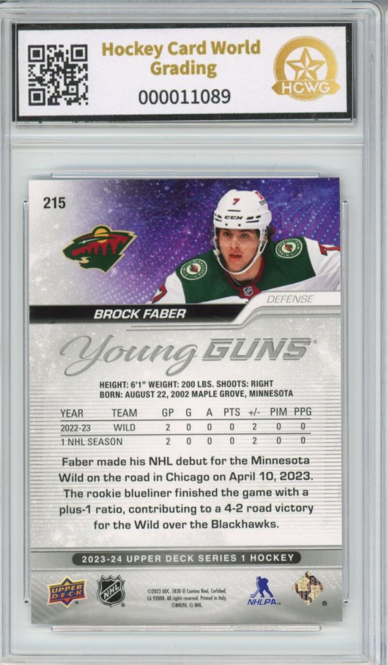 2023-24 Upper Deck #215 Brock Faber Young Guns YG Graded Mint HCWG 8 Image 2