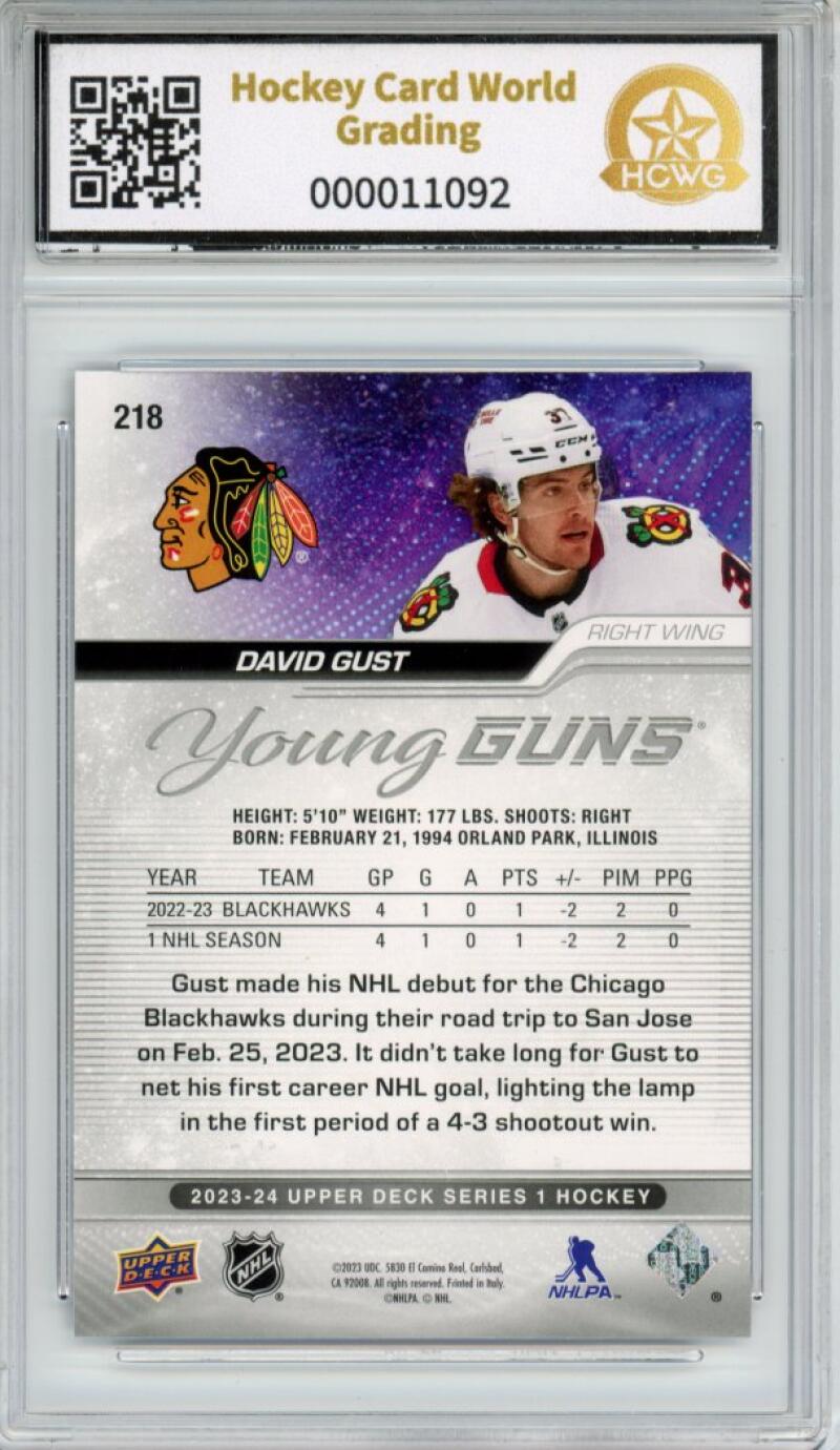 2023-24 Upper Deck #218 David Gust Young Guns YG Graded Mint HCWG 9 Image 2