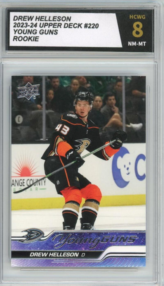 2023-24 Upper Deck #220 Drew Helleson Young Guns YG Graded Mint HCWG 8 Image 1