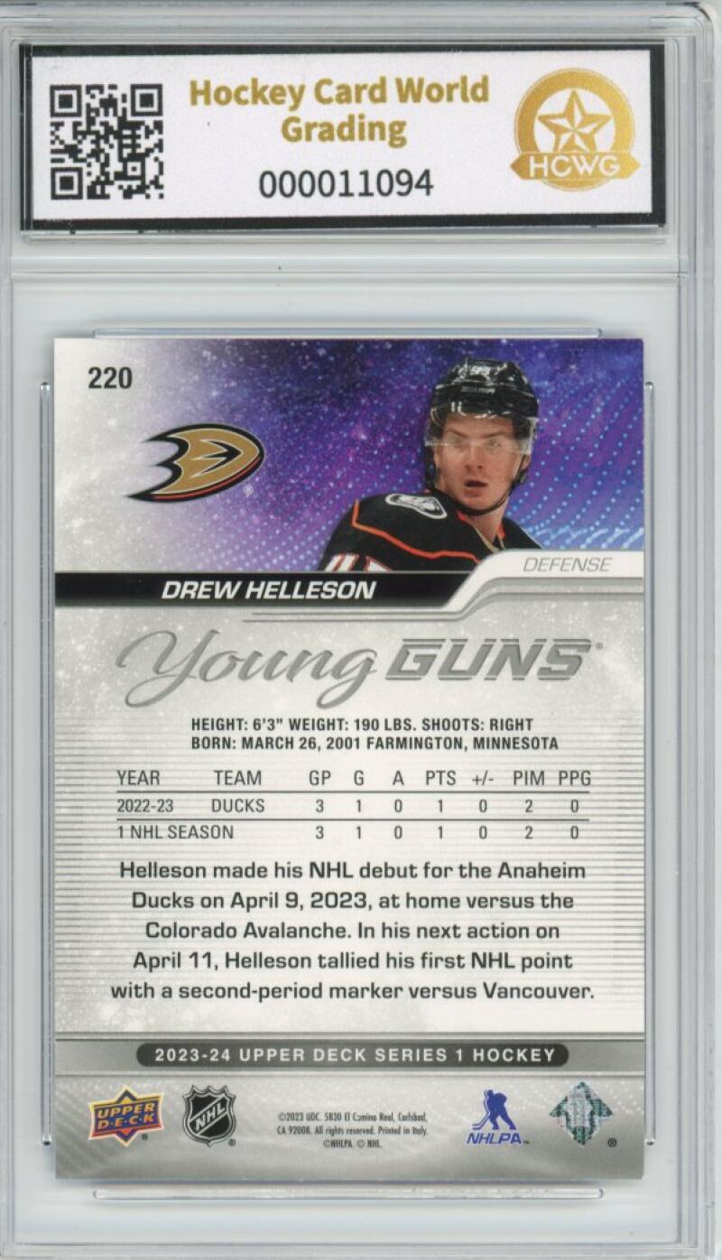 2023-24 Upper Deck #220 Drew Helleson Young Guns YG Graded Mint HCWG 8 Image 2